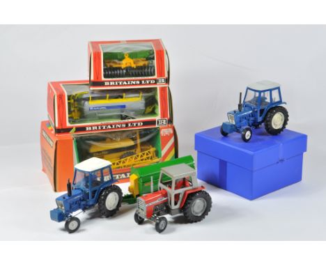 Britains Farm 1/32 Tractor Implement Selection including MF595, Ford 4600, Fraser Manure Spreader, Ford 6600, Chafer Sprayer,