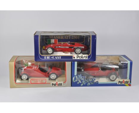 Trio of Polistil 1/16 Scale Models including  Alfa Romeo 1750, Maserati 250F and Balilla 508S. All M in VG to E Boxes. (3)