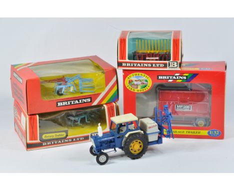Britains Farm 1/32 Tractor Implement Selection including Ford 6600 with bespoke wheels and crop sprayer, MF200 Trailer, Buck 