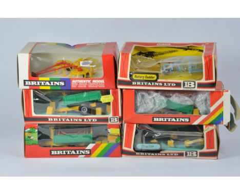 Britains Farm 1/32 Tractor Implement Selection including Tipper Trailer x 4 plus Rotary Tedder x 2. M in F to G Boxes. (6)