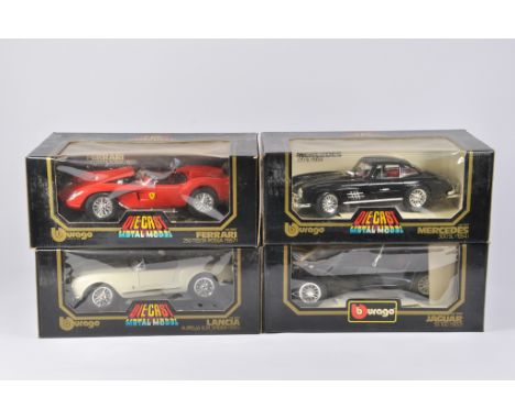 Selection of 1/18 Scale Burago Models including Ferrari, Lancia, Mercedes and Jaguar. All M in VG to E Boxes. (4)