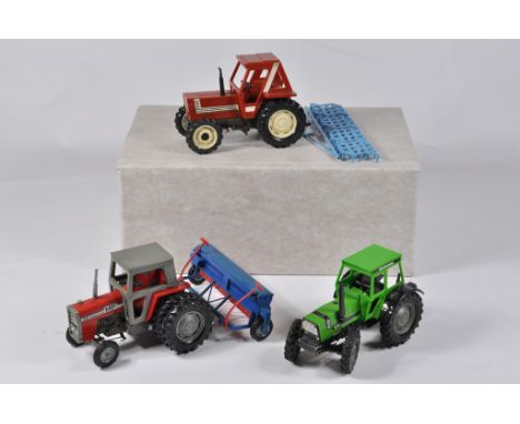 Britains Farm 1/32 Tractor Implement Selection including MF595 on duals with Nordsten Drill, Deutz DX92 and Fiat 880 with Scr