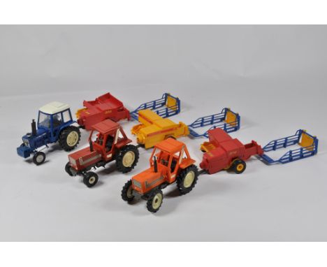 Britains Farm 1/32 Tractor Implement Selection including Fiat 880, Ford, Fiat 880 DT, all with Balers and Bale Sledge. E. (9)