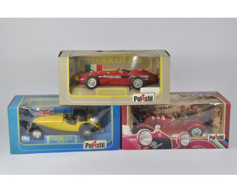 Trio of Polistil 1/16 Scale Models including  Morgan Plus 8, Maserati and Alfa Romeo. All M in VG to E Boxes. (3)