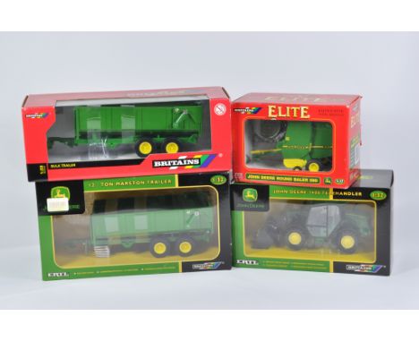 Britains Farm 1/32 Tractor Selection including JD Trailerx 2, JD Baler plus JD Telehandler. M in E Boxes. (4)