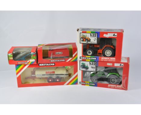 Britains Farm 1/32 Tractor Implement Selection including Roller, MF200 trailer, Renault 145.14, Bauer Tanker and Deutz DX6. A