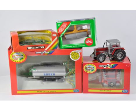 Britains Farm 1/32 Tractor Implement Selection including Rolls Set, Siku Roller, Bauer Vacumn Tanker, MF3680 and Disc Harrow.