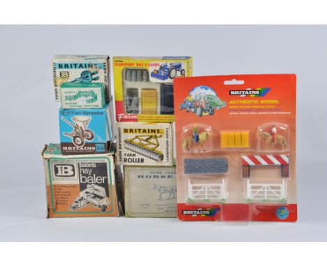 Britains Farm 1/32 Tractor Implement Selection including Misc Implements (horse and wagon box only). M in F to G Boxes. (8)
