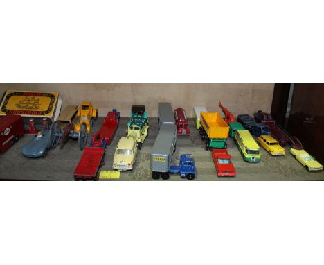 A shelf of assorted die cast toy cars and vehicles including Models of Yesteryear, Spot On by Triang, Lesney and others, all 