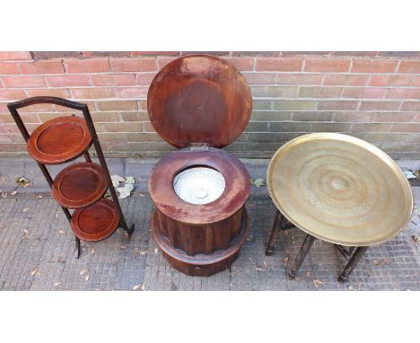An Victorian mahogany cylindrical commode, of fluted column form, together with an Edwardian cake stand and a brass topped fo