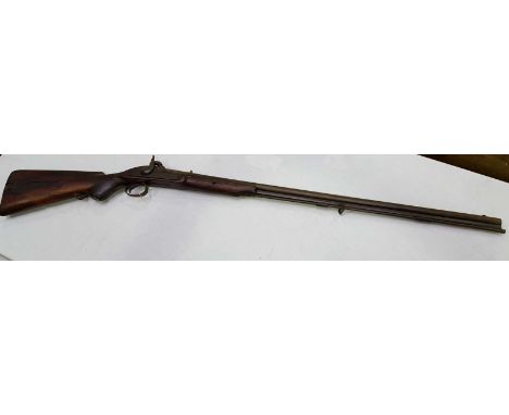 A 19th century percussion lock long rifle, 33.5-inch barrel, stained wooden stock with brass hinged patch box.  (as found)