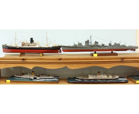 Five hand-built scale ships models including Japanese destroyer Akizuki, a waterline model of the 1930s German (S-Boot) motor