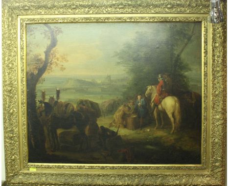 Late 18th / Early 19th Century School, gentlemen, mercenaries, soldiers and cavalrymen encamped on a hill overlooking a walle