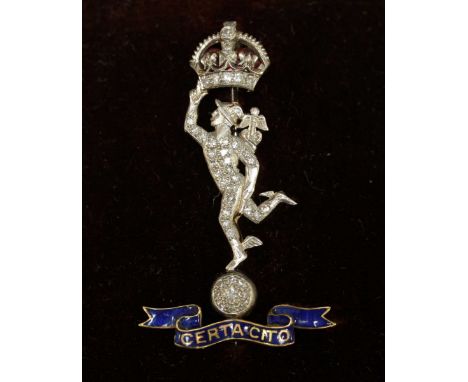 A Royal Signals platinum, diamond and enamel sweetheart brooch, formed as Mercury crested with a crown, upon an enamel banner