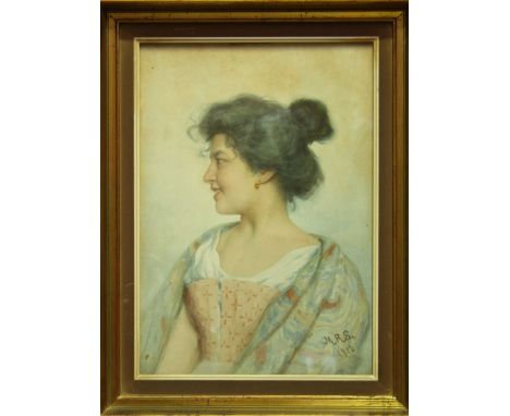 Early 20th Century Continental School, head and shoulders portrait of a young lady, possibly a gipsy girl, head facing right,