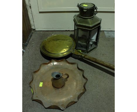 A brass oil lantern together with a copper tray, small haystack measure and brass bed warming pan 