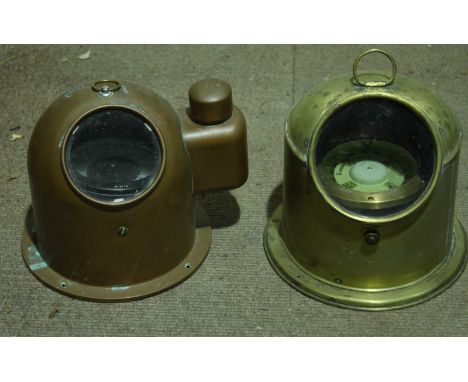 Two ships small compass binnacles, in copper and brass, one with Cooke & Sons wet compass, the other with Cassens & Plath wet