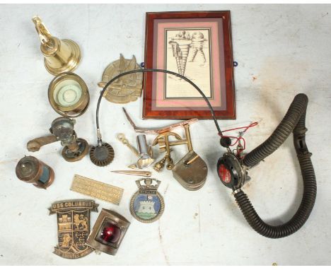 A collection of maritime related items, including miniature ships lamps, an C18th ships copper staple, a gimbal compass, a sm