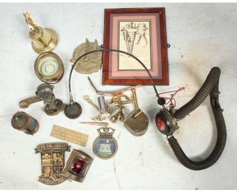 A collection of maritime related items, including miniature ships lamps, an C18th ships copper staple, a gimbal compass, a sm