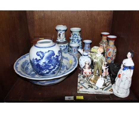 SECTION 46. A shelf of assorted Oriental china and other items including a pair of Minton tiles, and a Worcester boy, some AF