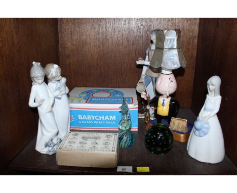 SECTION 45.  A collection of Lladro style figures, a set of babycham glasses, a novelty table lamp, and two paperweights.