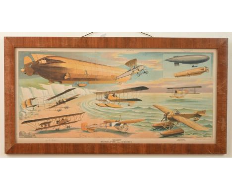 'Aeroplanes and Airships', an early 20th century chromolithograph depicting a Sopwith hydroplane, Bleriot monoplane, Graham-W