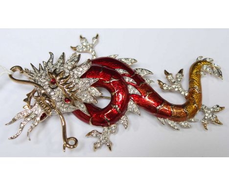 A large Butler & Wilson gilt metal and enamel Chinese dragon brooch, decorated with paste stones.