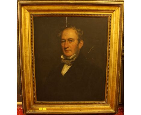 19th Century English School.  Half-length portrait of a middle-aged gentleman wearing black coat, white shirt and grey tie, u