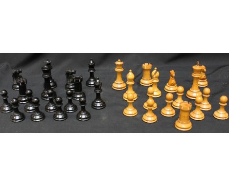 A complete 'Jaques Staunton' chess set, with boxwood and ebony playing pieces, two Rooks and two Knights marked with red coro