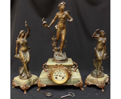 A French onyx and spelter figural clock garniture, formed as a classical lady stood atop an onyx clock base, with enamel pain