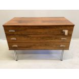 A mid century Indian rosewood three drawer chest, width 100cm, depth 53cm, height 68cm