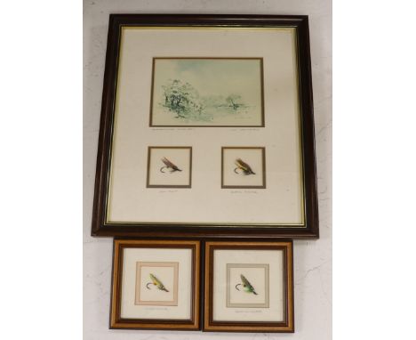 Ken Lockhead, print, Salmon Fishing, River Spey, framed with fishing flies