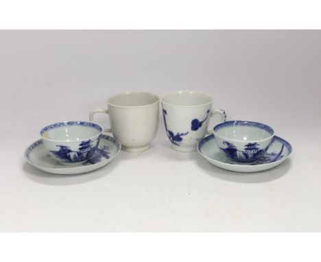 Two pairs of Chinese blue and white Nanking Cargo teabowls and saucers together with two other Chinese tea cups Tea bowls and