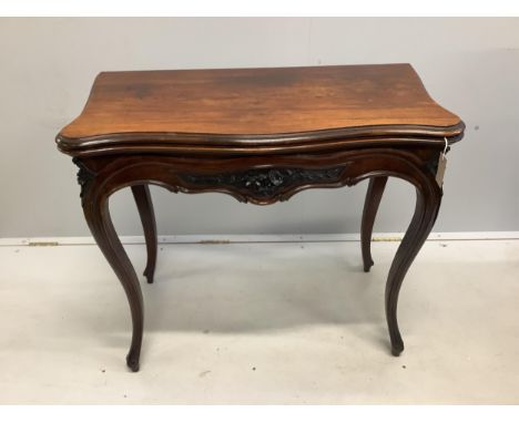 A 19th century French rosewood folding card table, width 84cm, depth 43cm, height 75cm