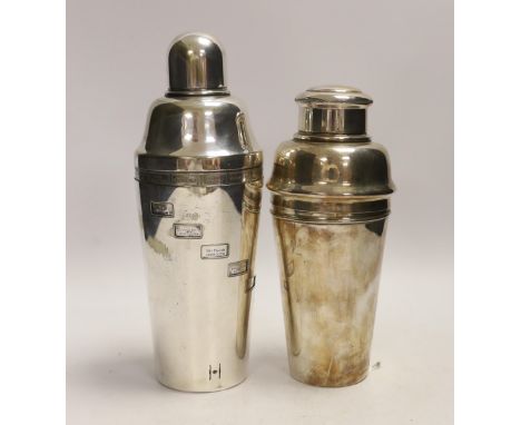 Two silver plated cocktail shakers, one with recipes, tallest 27cm Shaker with recipes lower section worn; neck similarly wor