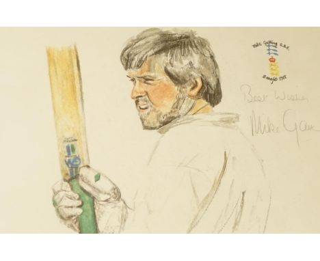 Three framed cricket themed autographed pictures; an extensively signed print by Keith Reilly; ‘Cricket At Lords’ showing Mid