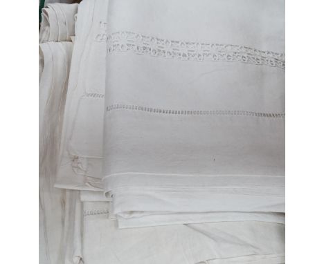 Three French linen sheets with embroidered turn backs 288 x 224cm; 204 x 300cm; 306 x 214cm - latter with some light stains, 