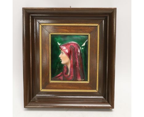 A Limoges enamel on copper portrait plaque of Saint Fabiola, signed Bon Homme, 30 x 27.5cm