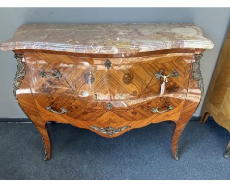 A Louis XV style inlaid kingwood bombe serpentine marble top commode, width 116cm, depth 49cm, height 87cm