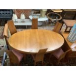 A Gudme Mobelfabrik dining room table, width 164cm, depth 94cm, height 72cm and six chairs