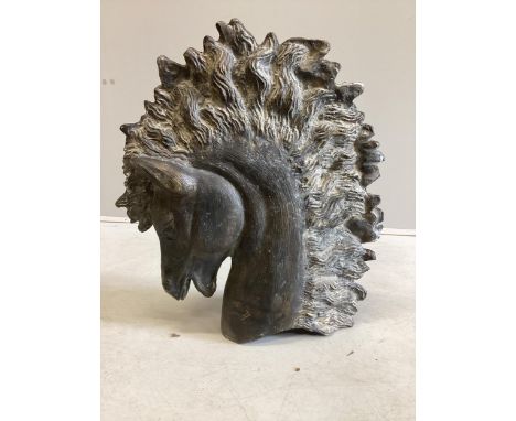 A mid century bronze of a stallion's head, bears gilt signature, width 46cm, height 51cm