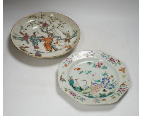 A Chinese famille rose ‘boys’ saucer dish, Tongzhi seal mark and probably of the period (1862-1874) and an 18th century Chine