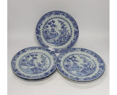 A set of five 18th century Chinese export blue and white plates, 26cm One plate badly-cracked and the structure is threatened