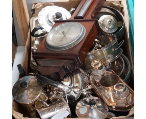 Assorted plated wares and a walnut aneroid barometer