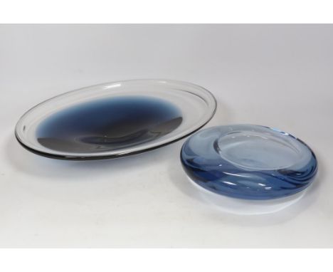 Two 1960's glass dishes, a Per Lutken for Holmegaard example and a Wedgwood example, both signed, largest 33.5cm