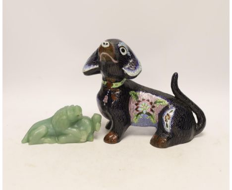 A Chinese bowenite jade figure of a lion, 6cm high, and a Chinese cloisonné enamel seated figure of a hound, 18cm high