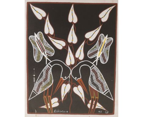 Bruce Wangurra (Aboriginal b.1953), acrylic and mixed media on canvas, ‘Brolga Birds’, signed and dated '95 with Broomhill Ga