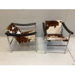 A pair of Cassina Le Corbusier LE 1 pony skin chairs, width 59cm, depth 64cm, height 64cm