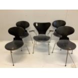 A set of four Danish stacking chairs and one elbow chair, width 63cm, depth 40cm, height 75cm