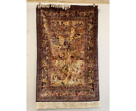 A Tabriz part silk pictorial rug, 188 x 122cm Private vendor, item acquired by parents in the 1970's. Good condition.